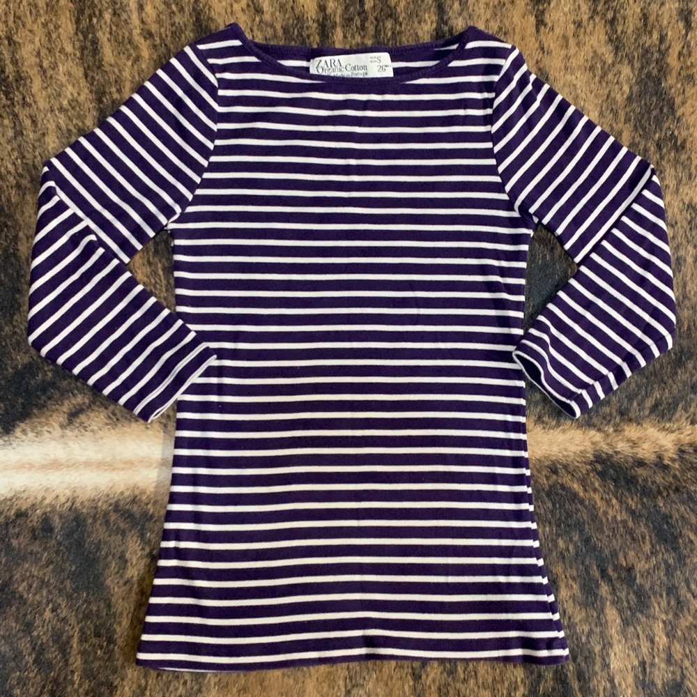 Zara Organic Cotton size small purple and white stripe 3/4 length sleeve